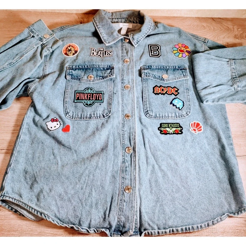 Forever‎ 21 Patched Denim Trucker Battle Shirt Jacket Y2K Rockstar Festival 1X